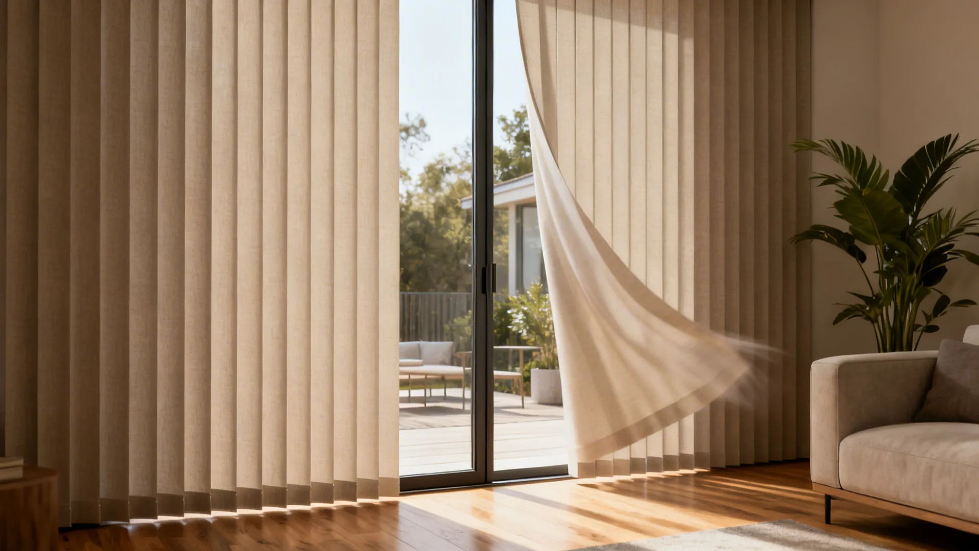 Tall sliding door with matte vertical fabric blinds partially open to patio