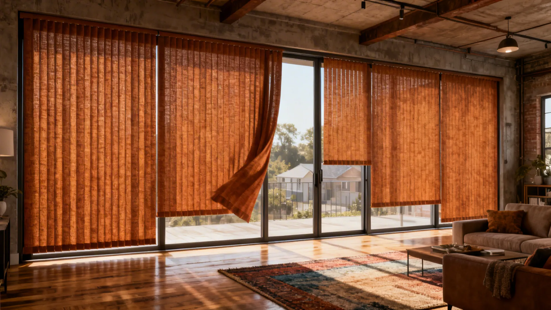 Loft living room with sliding glass doors dressed in warm textured vertical fabric blinds.