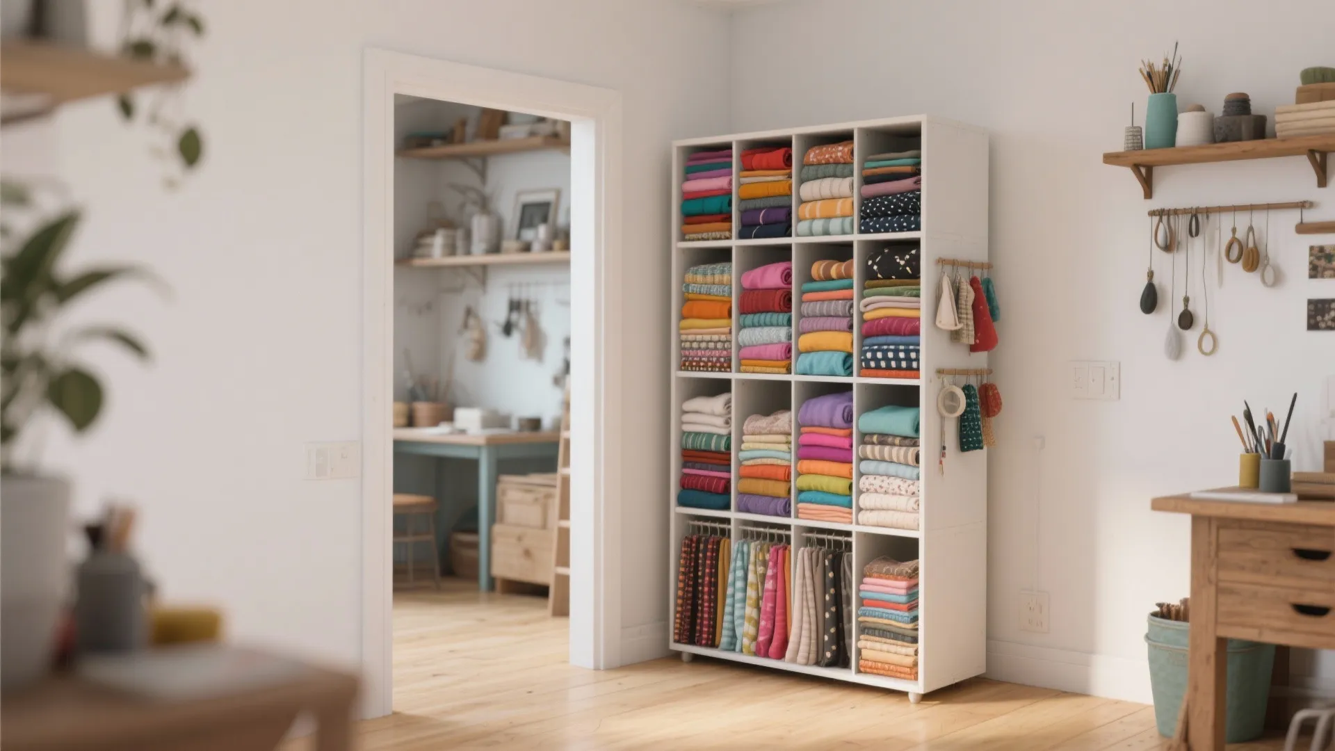 White cabinet with organized colorful folded fabrics and hanging materials in a sunny craft room