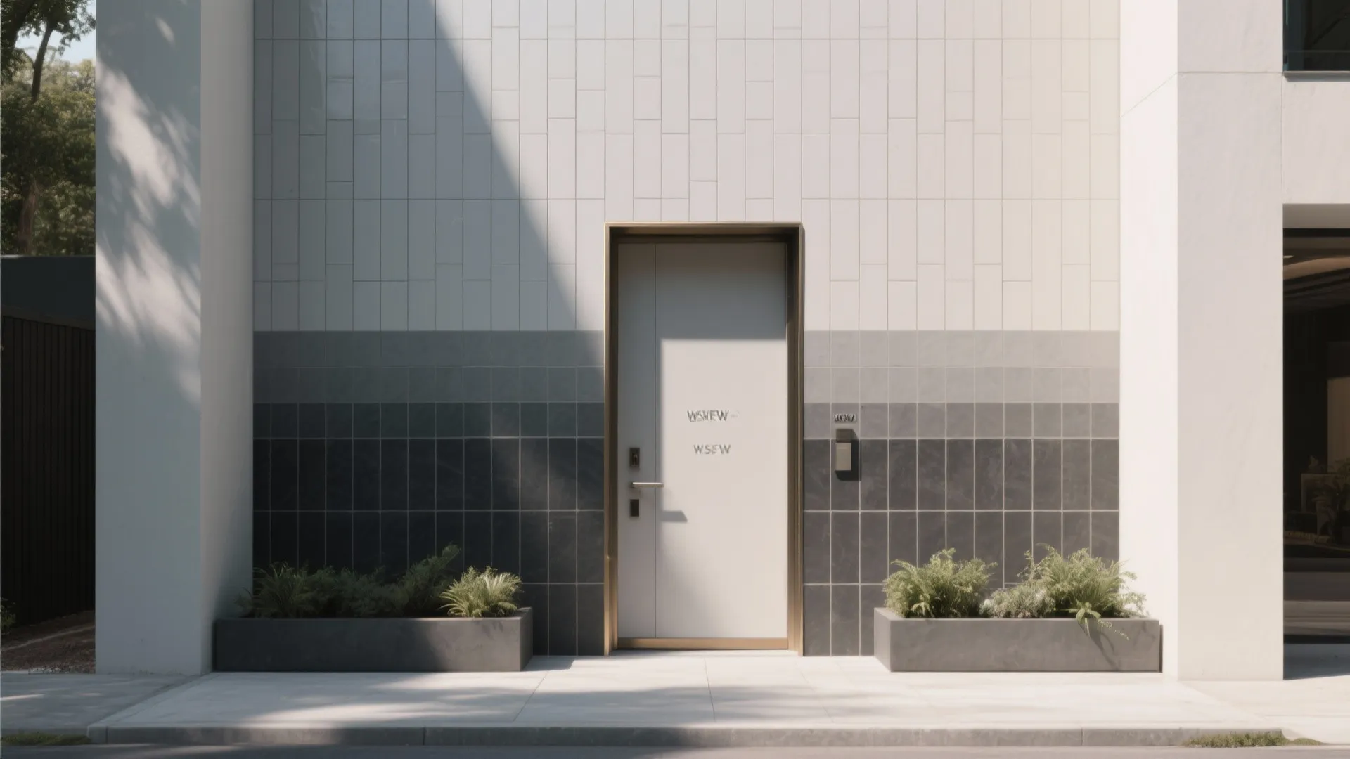 Modern building exterior featuring white and grey tiled walls with minimalist front door and plants