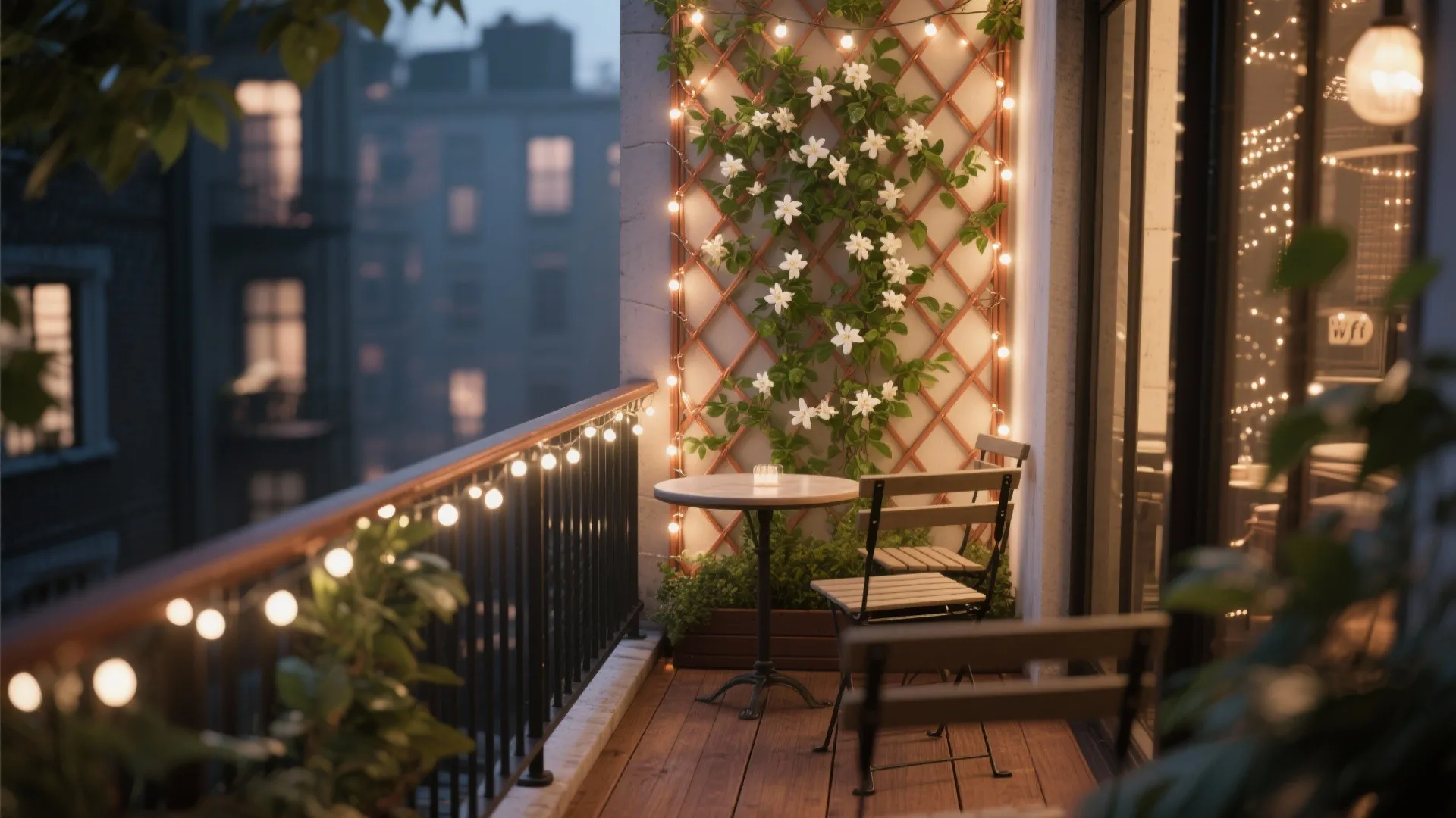 Vertical glow with fairy lights and a plant trellis