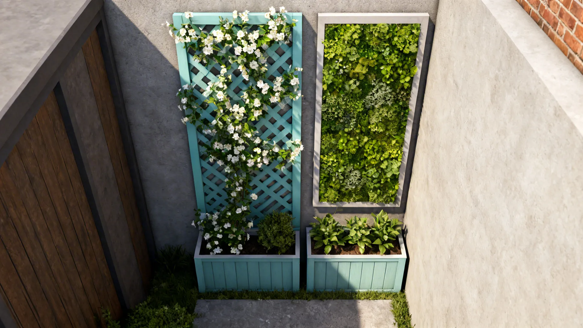 Top-down view of vertical garden elements: lattice with jasmine and slim planters in a narrow yard.