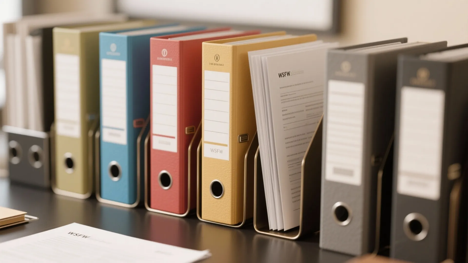 Row of colorful office binders in metal holders on a desk with white paper sheets