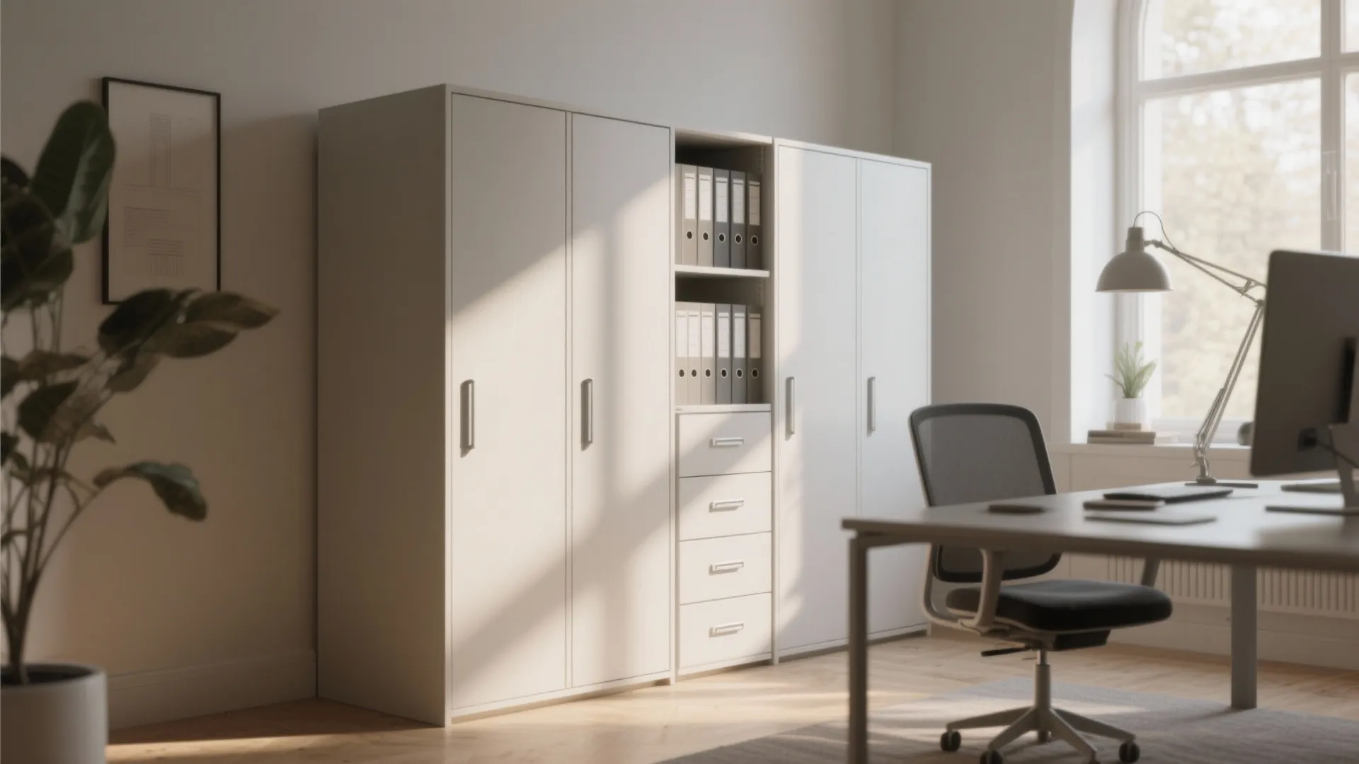 White office storage cabinet with file folders, desk, computer monitor, chair, and bright window light
