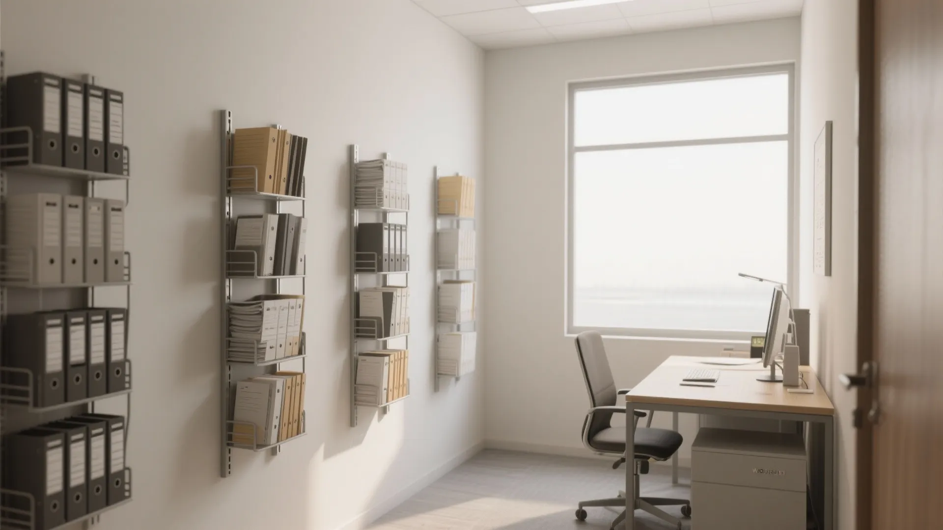 Bright office interior featuring wall mounted metal racks filled with many document folders and files