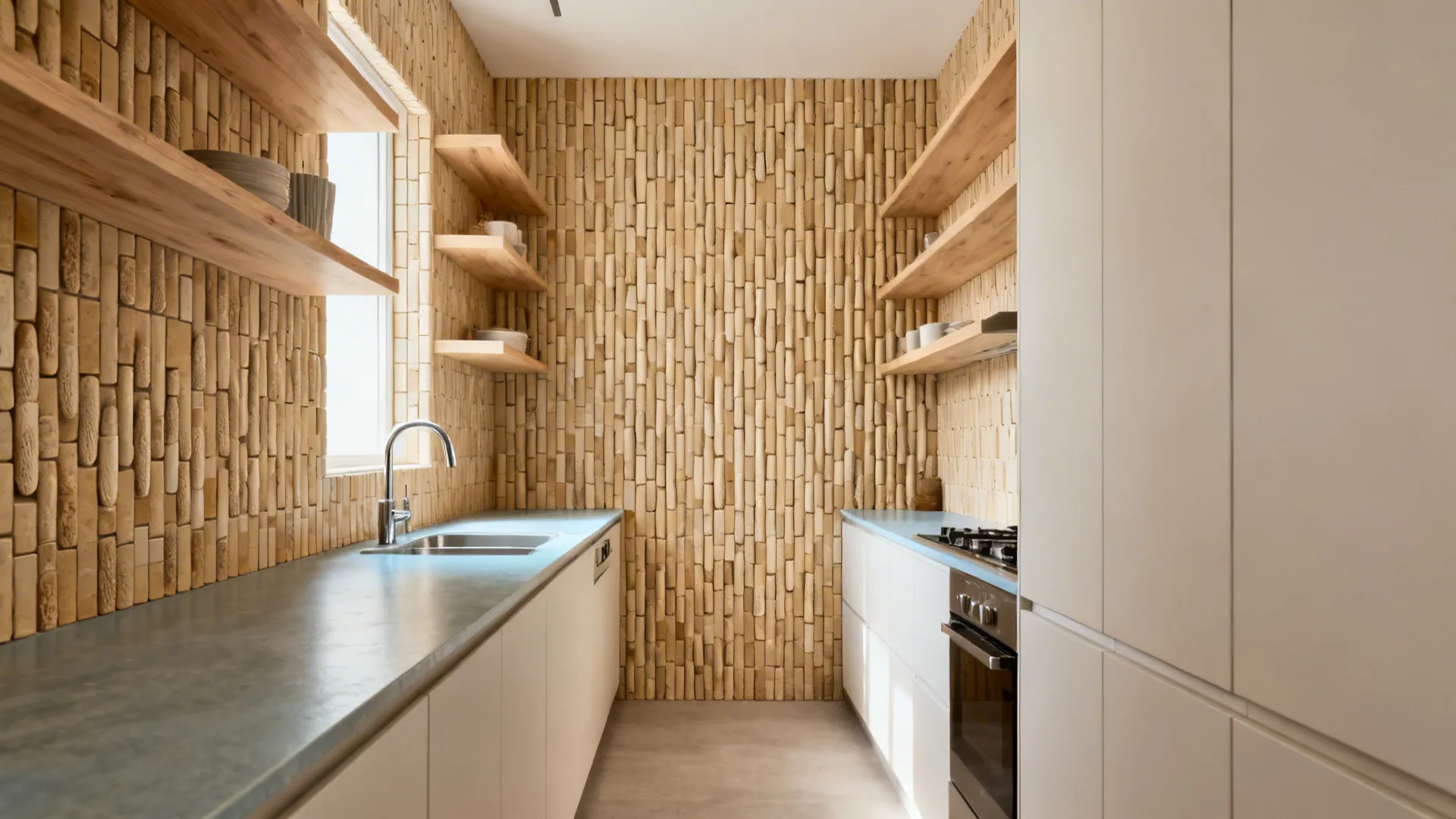 Vertical sand-colored finger mosaic backsplash in a narrow galley kitchen.