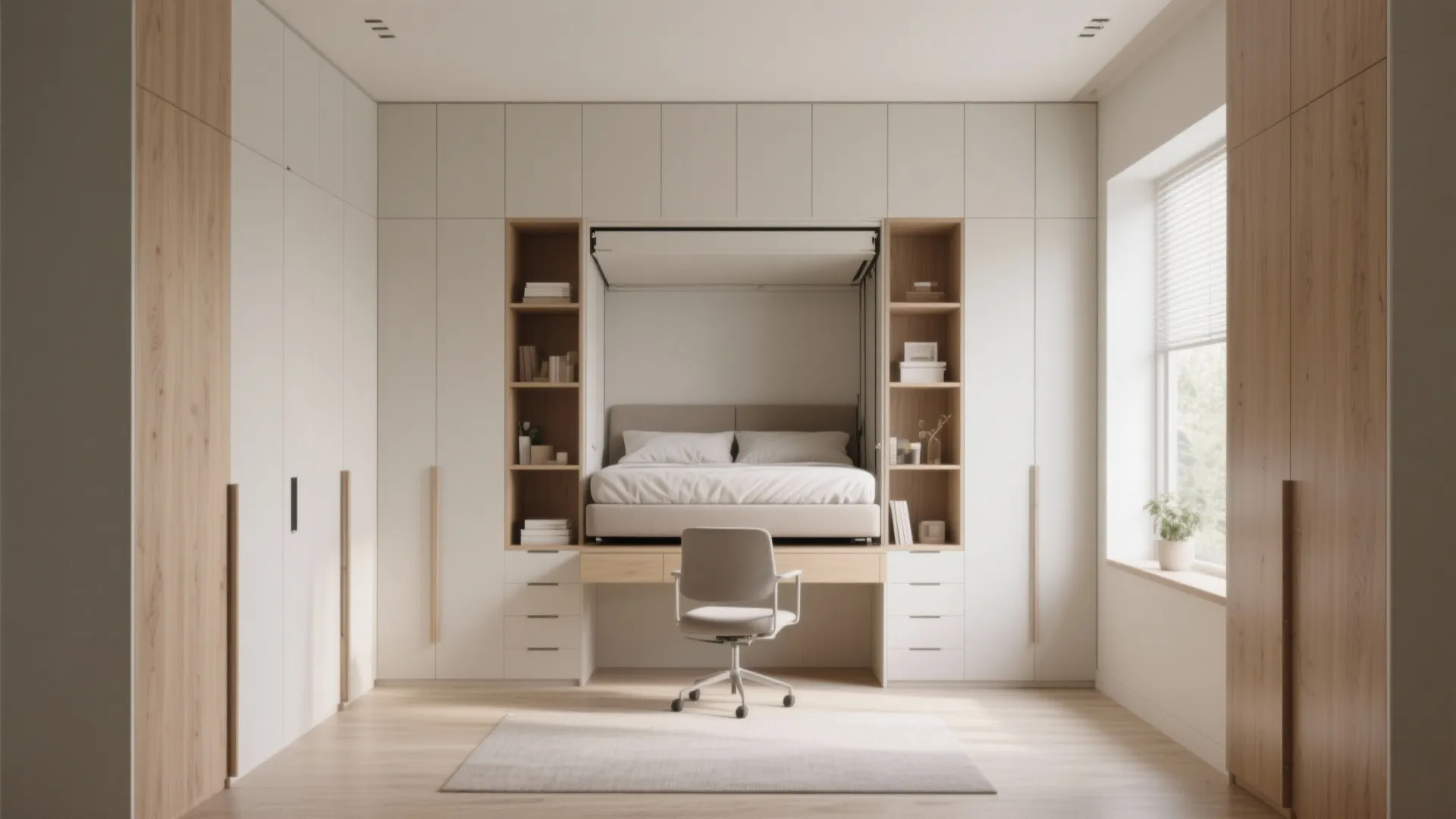 Murphy bed framed by vertical storage units in home office