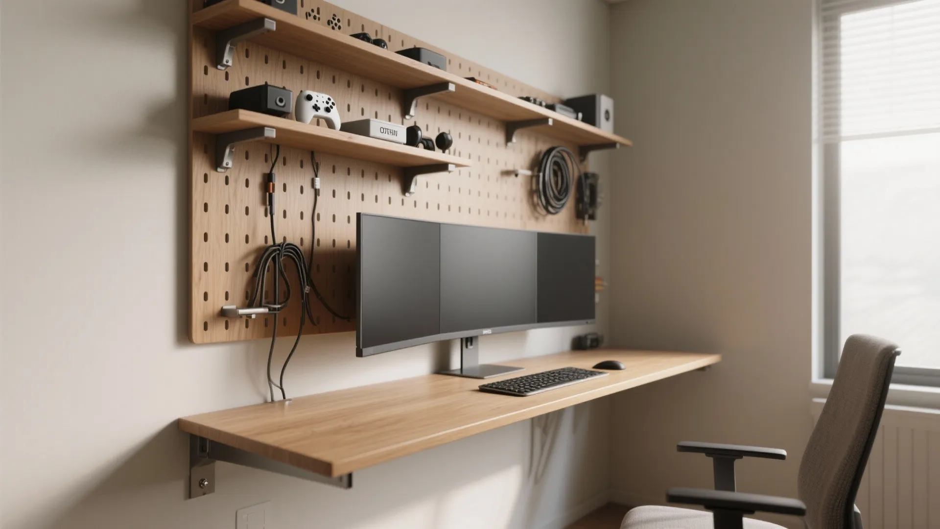 1. Vertical Storage + Floating Desk