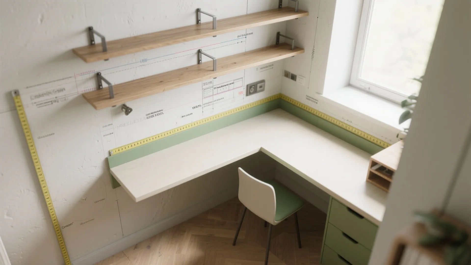 3. Vertical solutions: floating desks and stacked storage