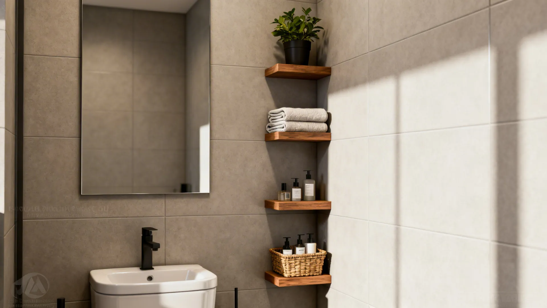 Narrow vertical floating shelves beside a mirror holding folded towels and a small basket