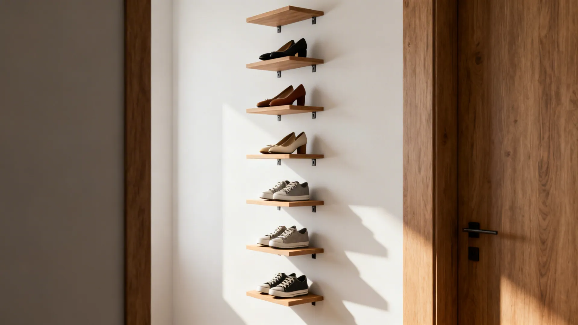 Staggered narrow floating shelves holding shoes on a slim wall, creating an airy entryway.