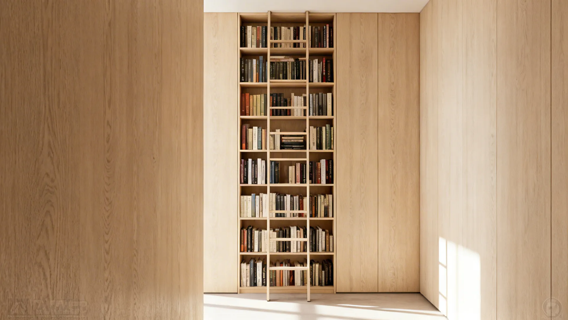 Slim floor-to-ceiling bookshelf with light finish and open-back design to keep space airy.