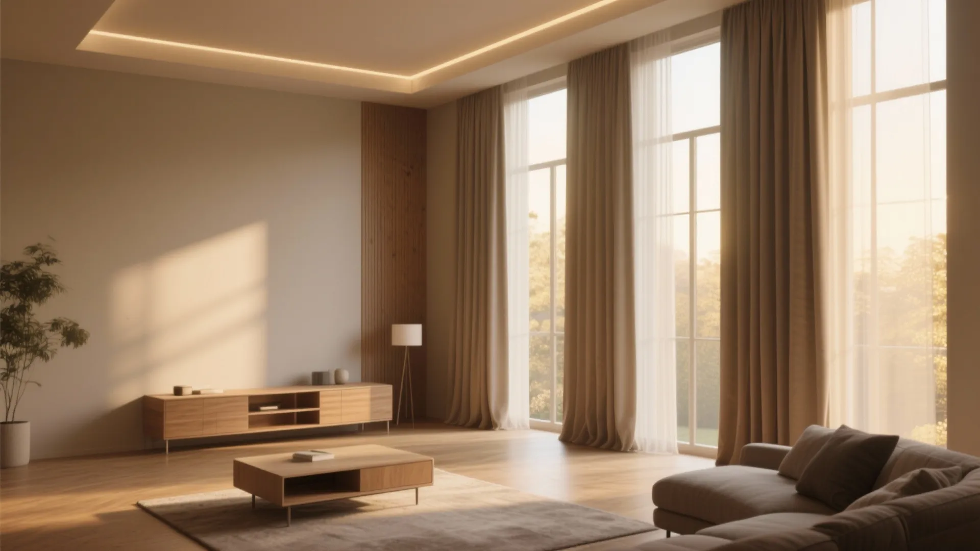 Modern living room with wooden furniture large windows brown curtains natural sunlight and grey sofa