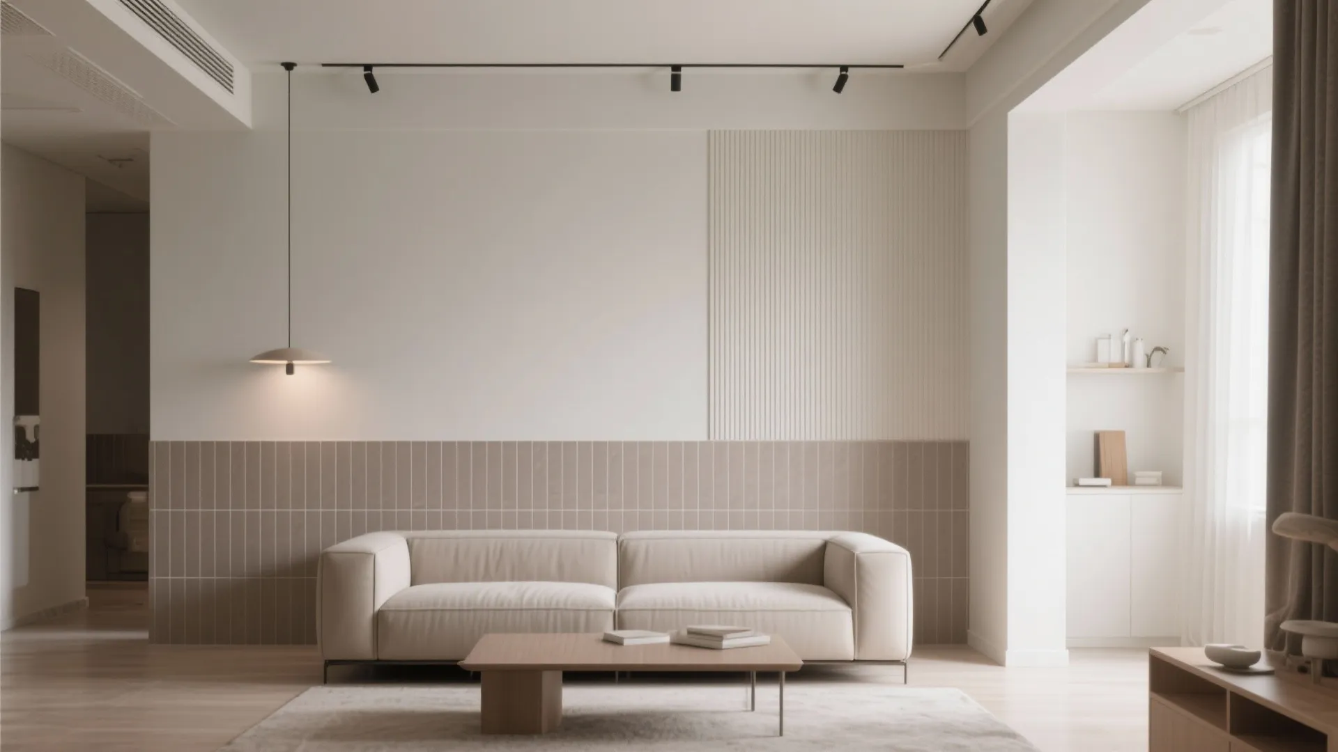 Modern living room with white sofa wooden coffee table light fixture and beige wall panel