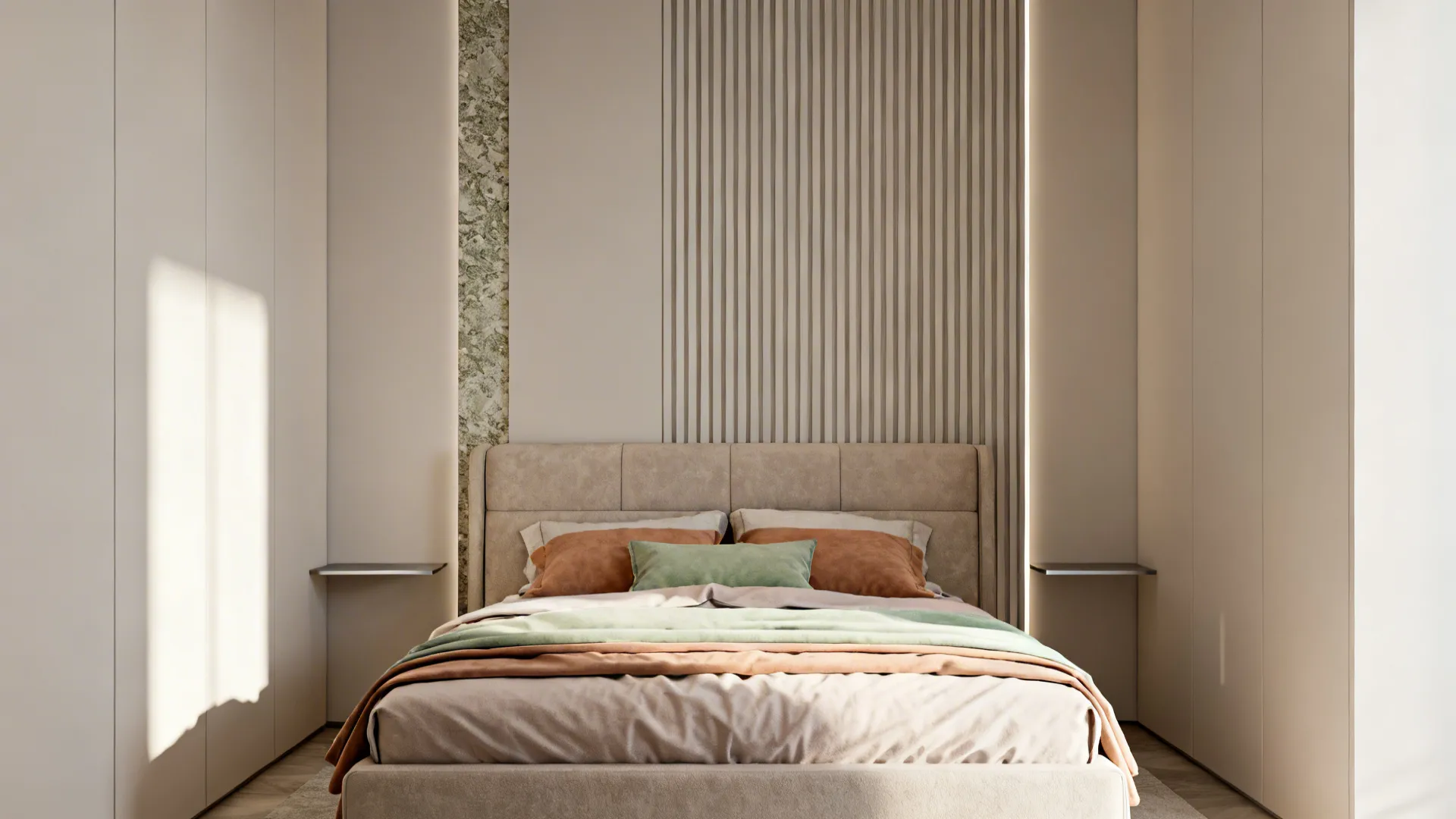 Tall headboard and slim vertical accents lift the eye in a small tranquil bedroom.