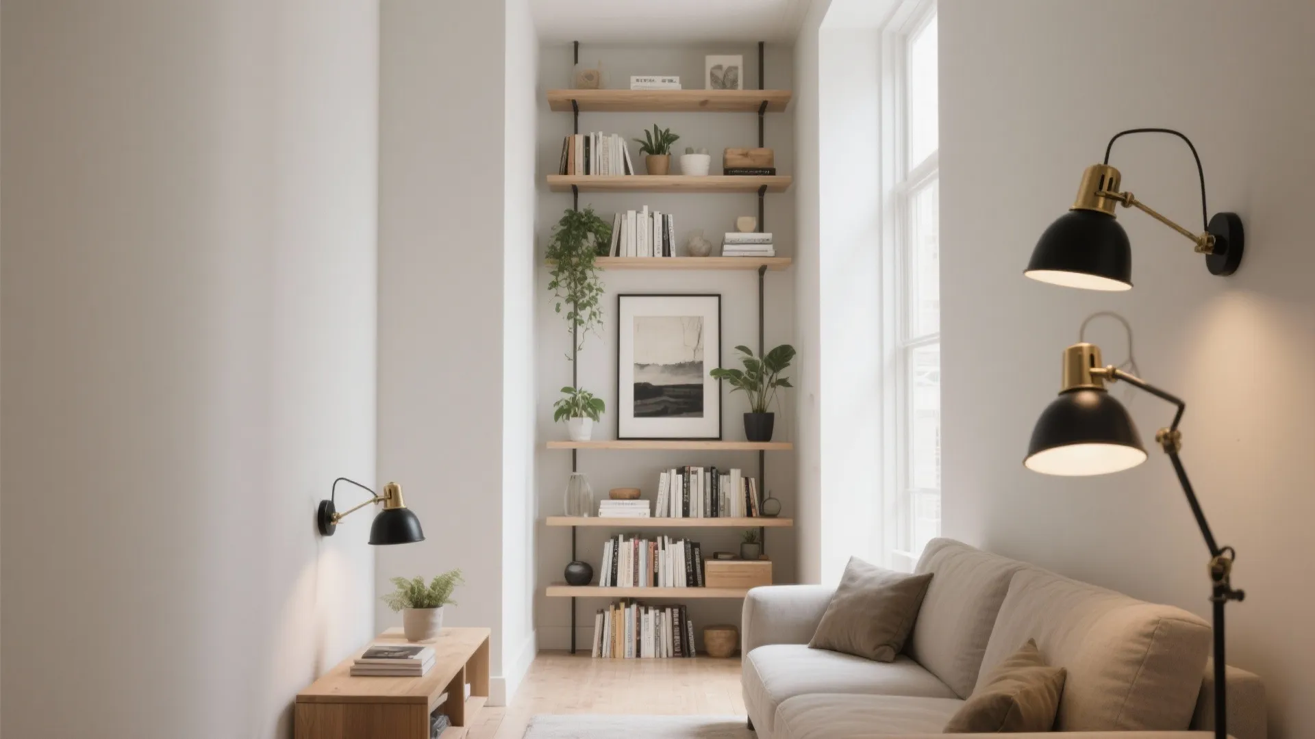 Tall bookshelf and wall-mounted sconces create vertical emphasis in a small living room.