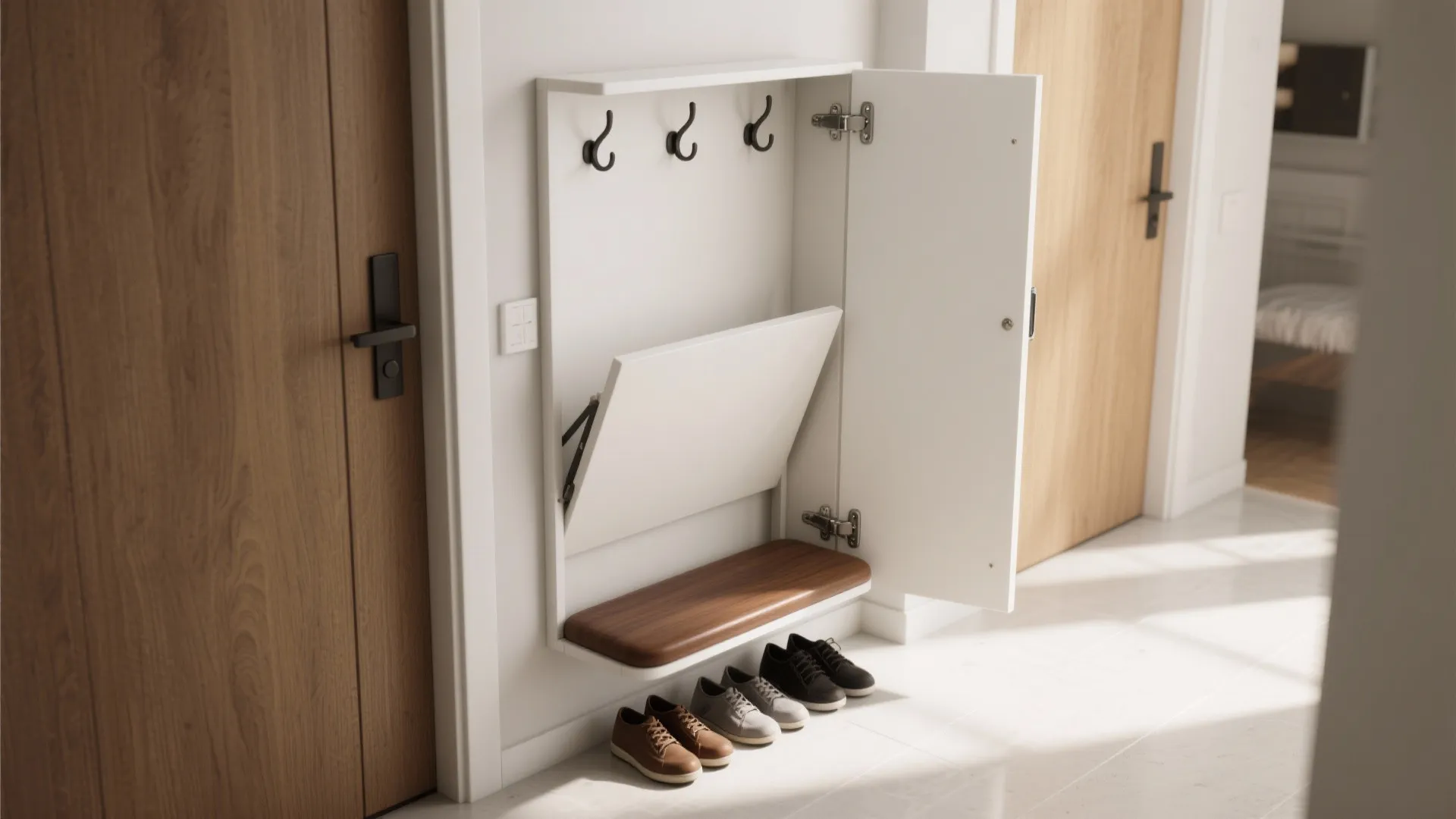 3. Narrow bench with vertical storage and fold-down seat