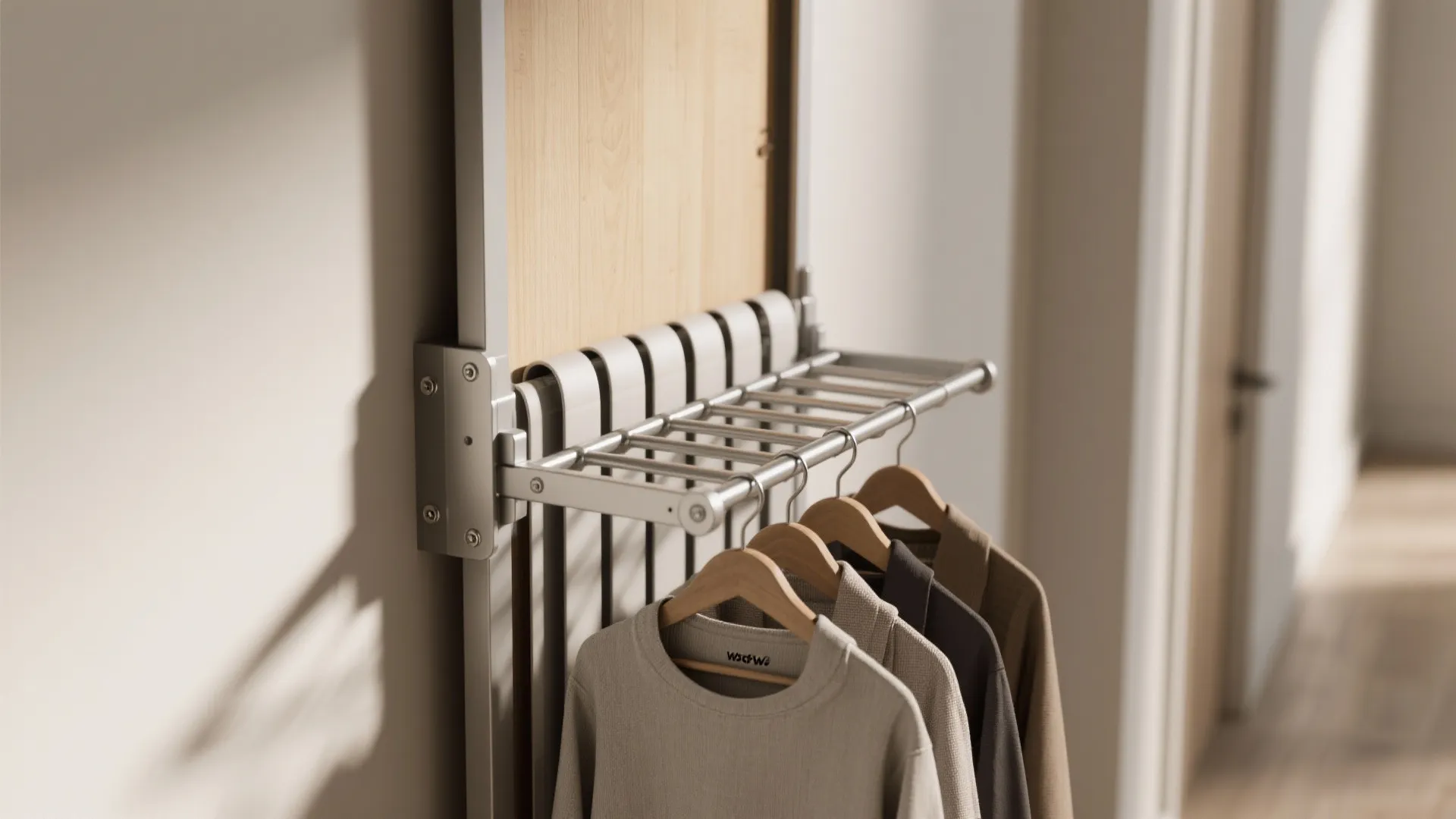 Wall mounted folding drying rack with wooden clothes hangers holding shirts in a bright hallway