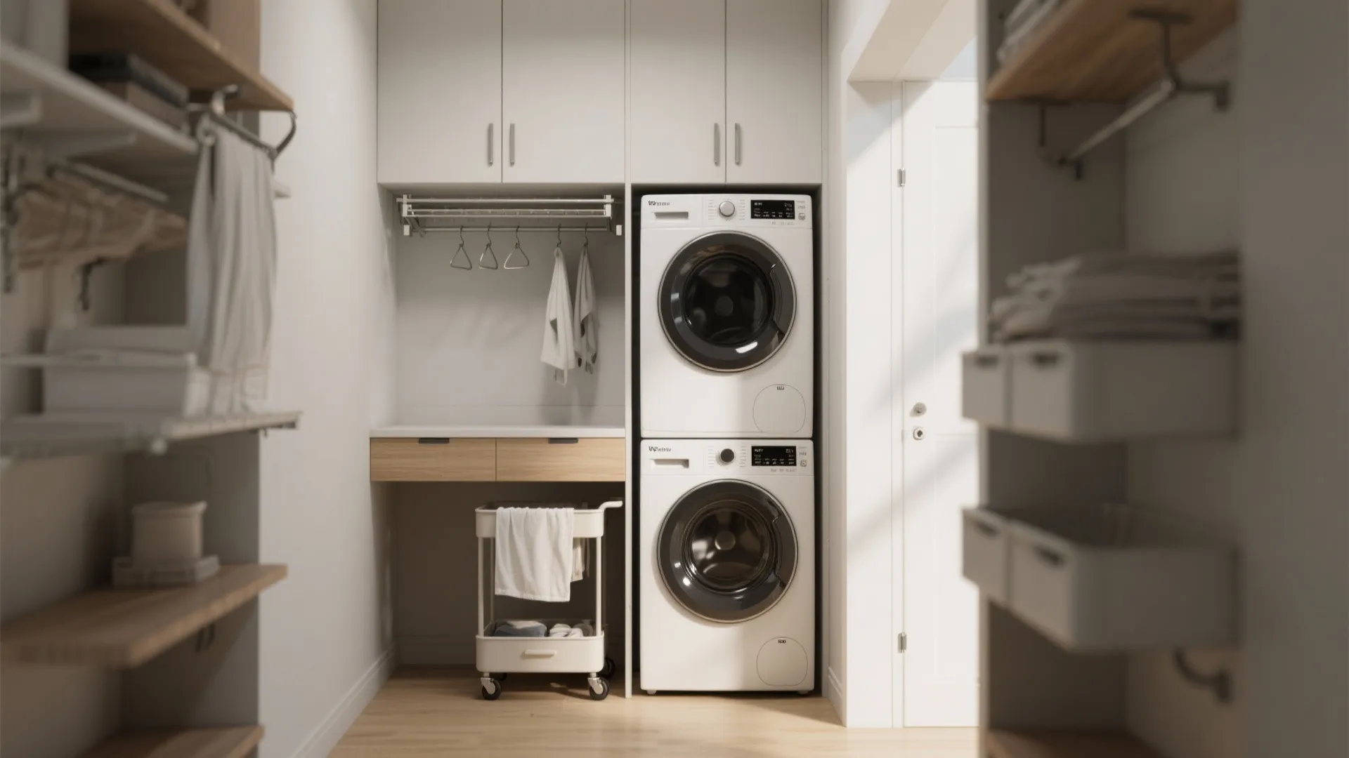 Narrow walk-in laundry room with stacked white machines wooden shelving white cabinets and a rolling cart