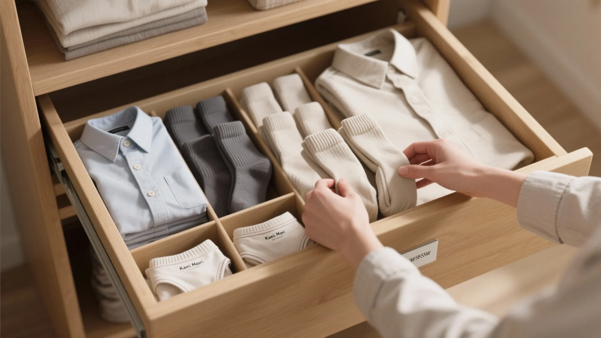 Hands organizing folded socks and shirts inside a wooden drawer with divided storage sections for organization