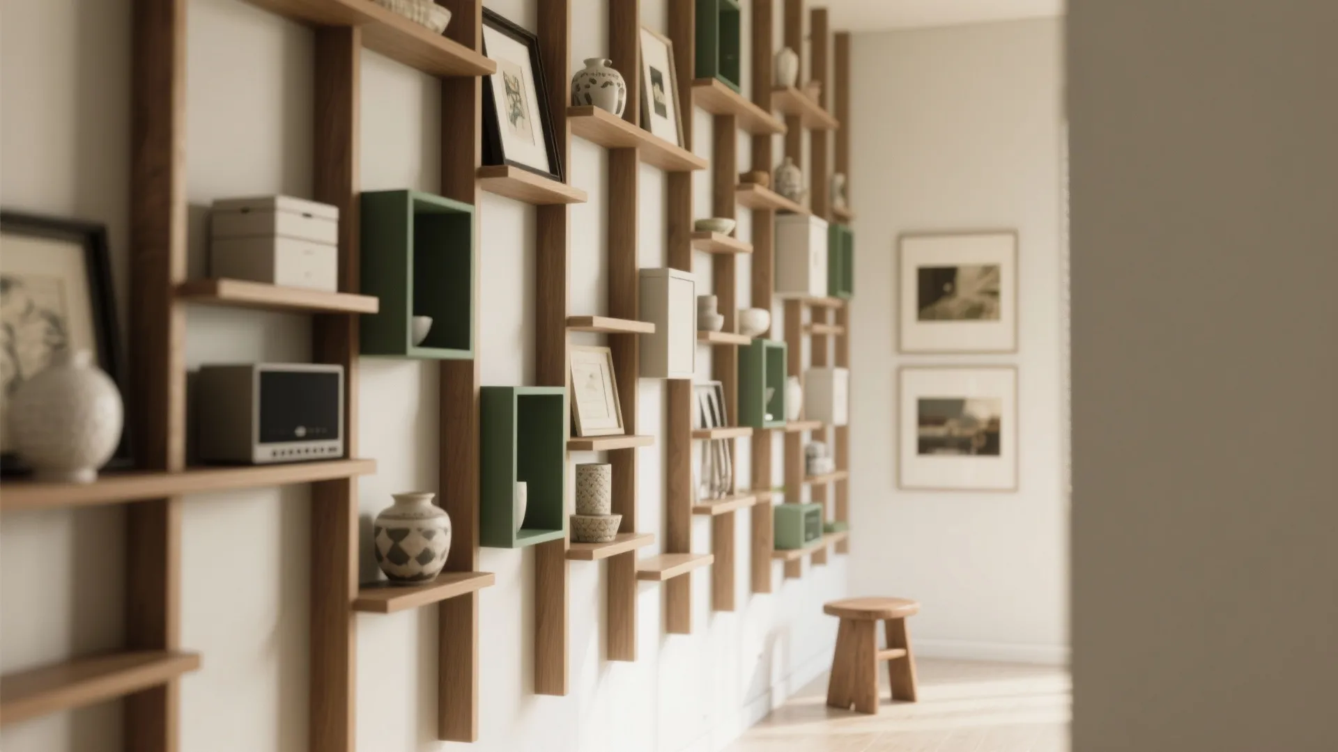 Modern wall shelf with wooden frames green boxes and decorative vases next to small wooden stool
