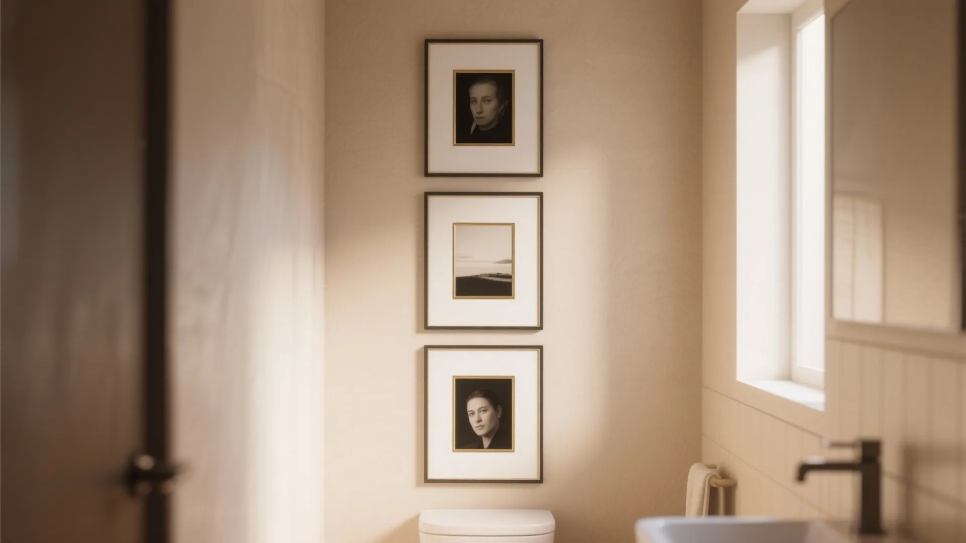 Three framed black and white portraits hanging vertically on a beige wall above a toilet