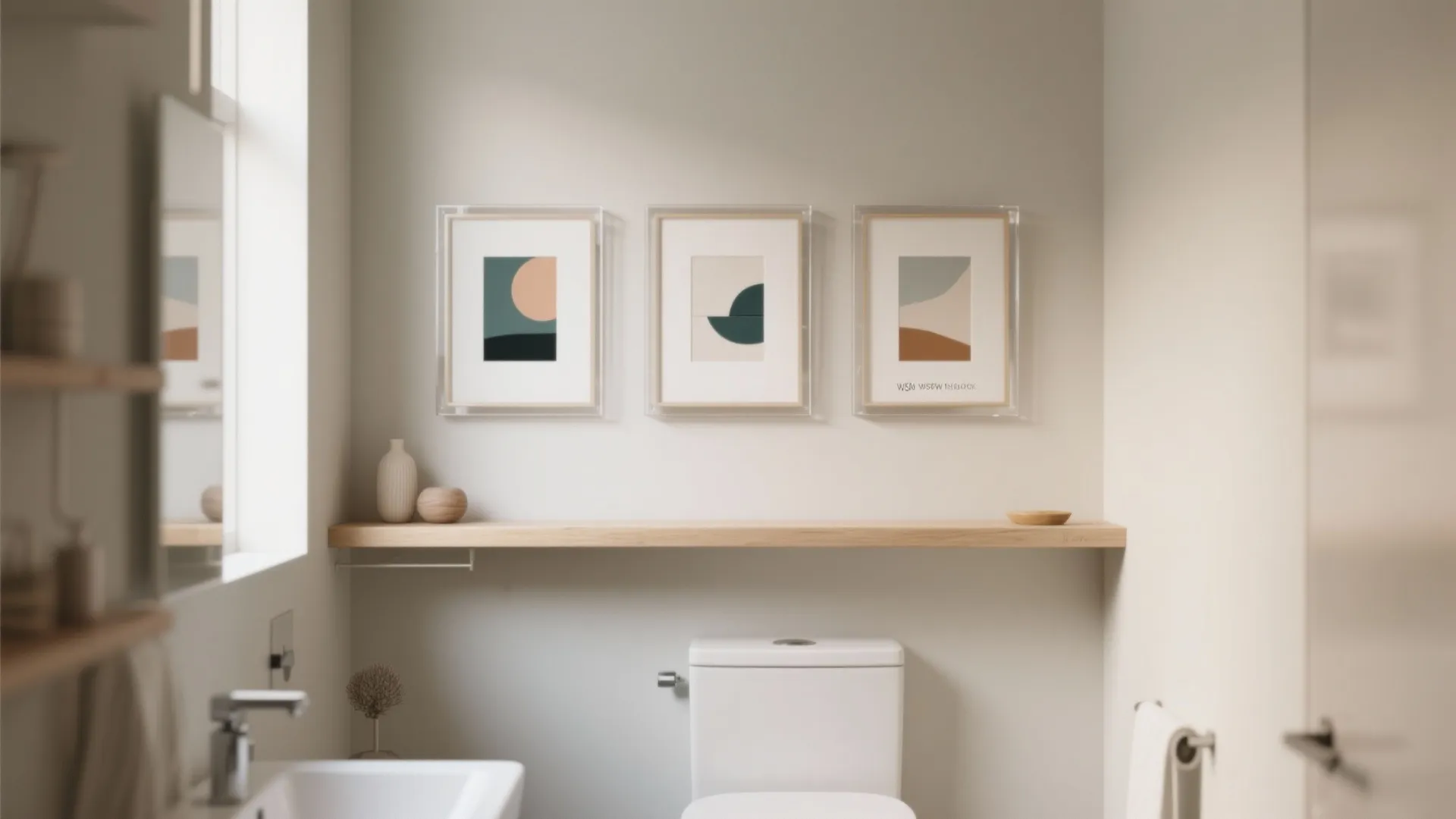 Vertical gallery wall in a small bathroom with three aligned frames and a slim shelf.