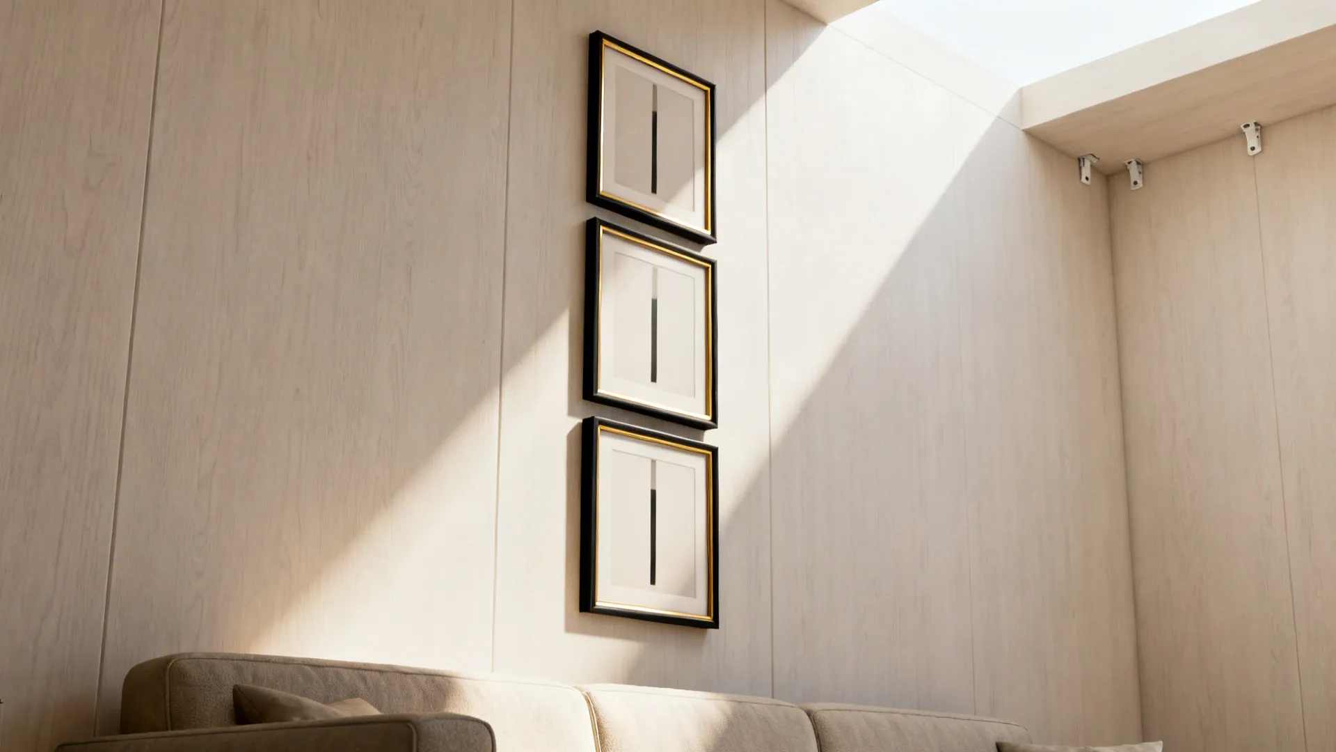 Three slim identical frames stacked vertically to visually raise a low ceiling in a small living room.