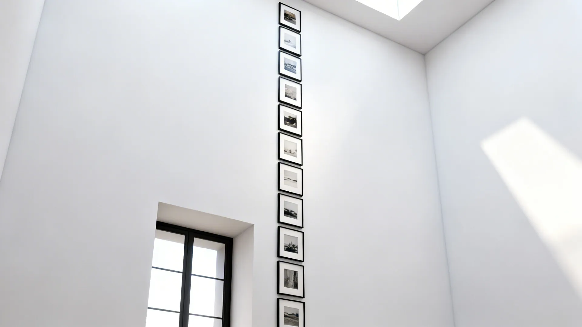 Narrow vertical column of framed prints beside a doorway, creating the illusion of taller ceilings.