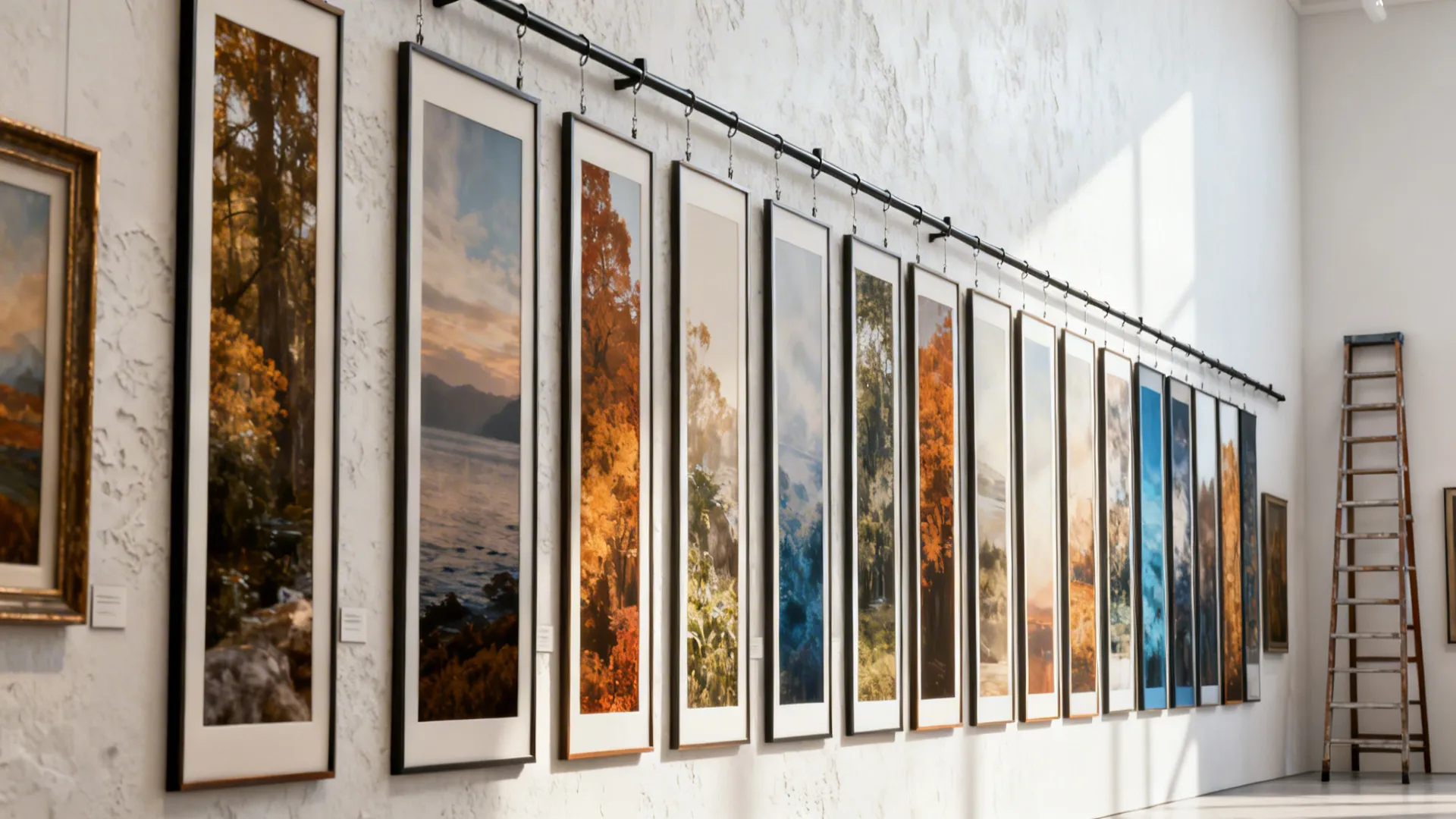 Tall vertical gallery wall with framed prints and an adjustable rail system, ladder for rotating art.