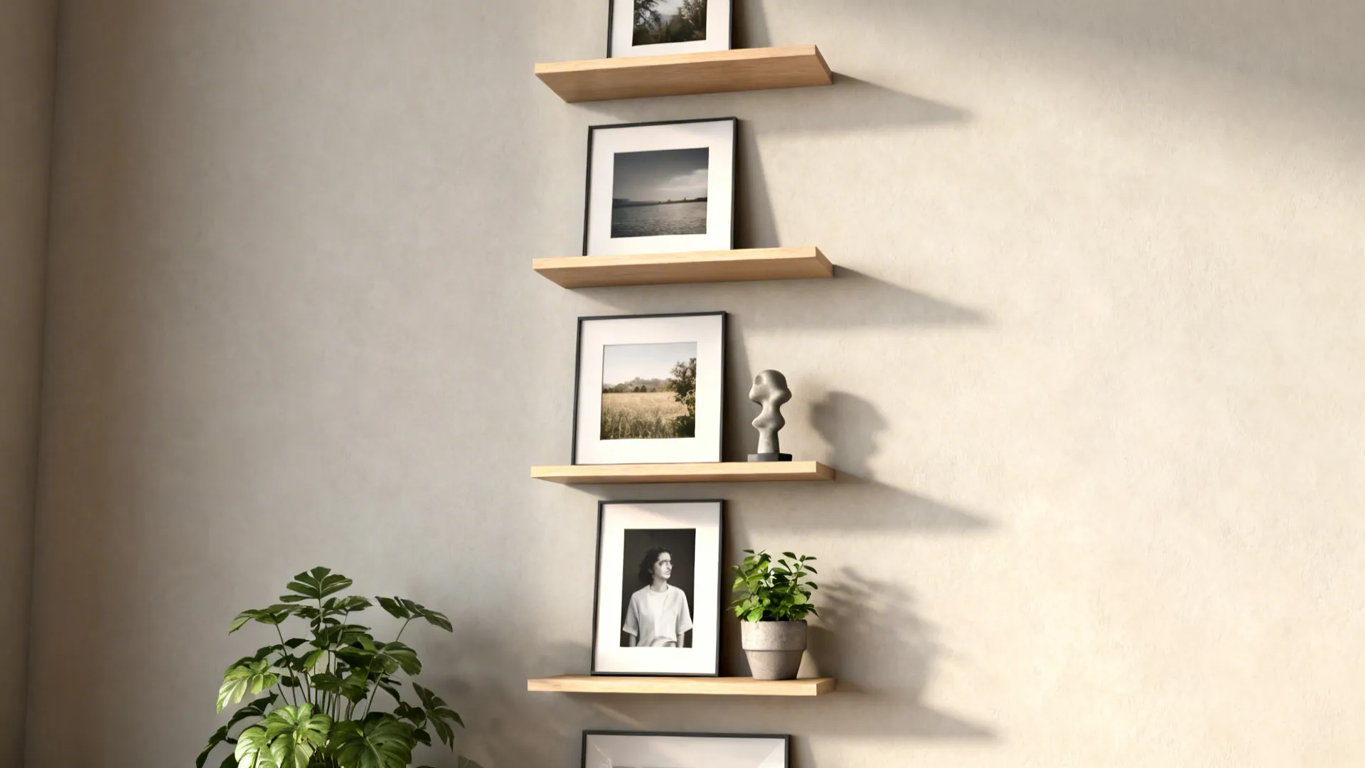Slim floating shelves stacked vertically with framed photos and plants in a living room corner.