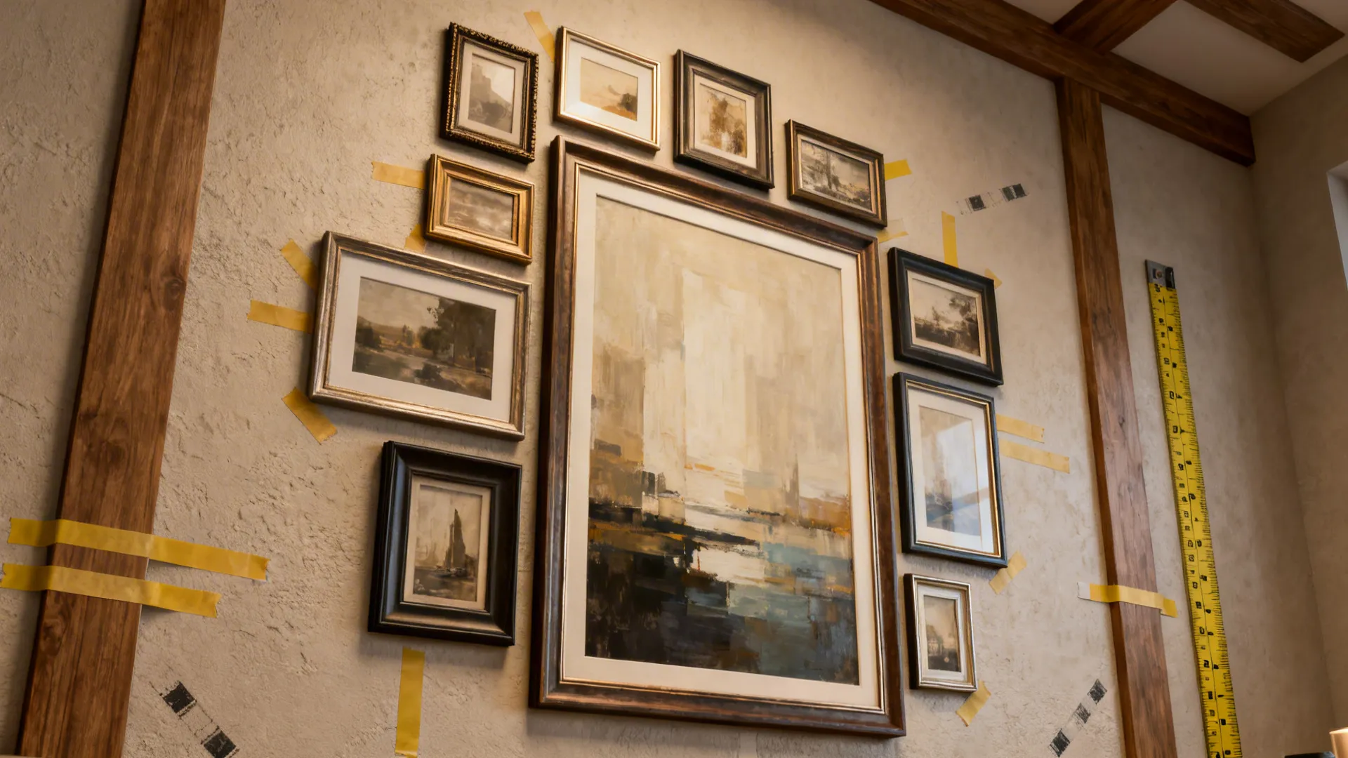 Gallery wall with many framed pictures using yellow tape and a ruler for room decoration
