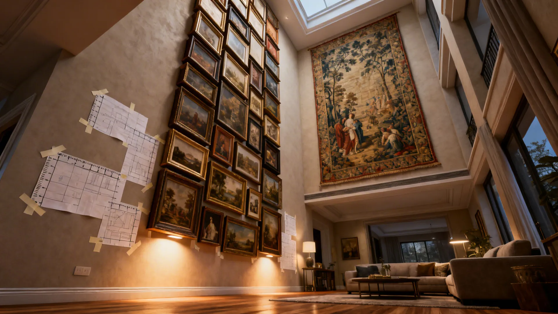 Tall gallery wall with stacked frames and a tapestry in a living room with high ceilings and paper templates on the wall.