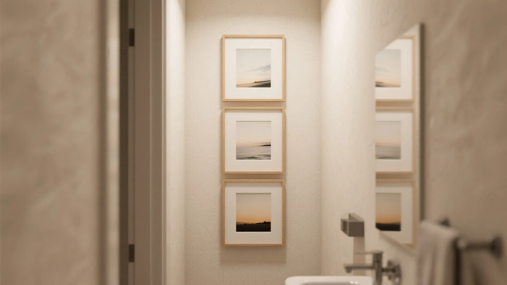 Three square framed art pieces hanging vertically on a neutral wall inside a modern bathroom