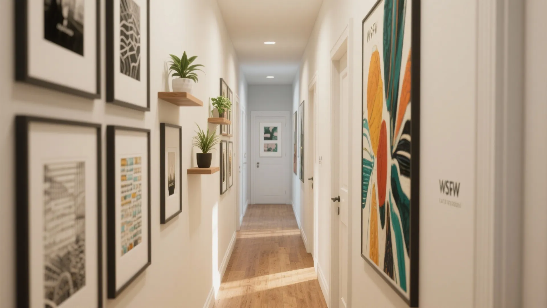 Modern narrow hallway with white walls wooden floor multiple picture frames and small green potted plants