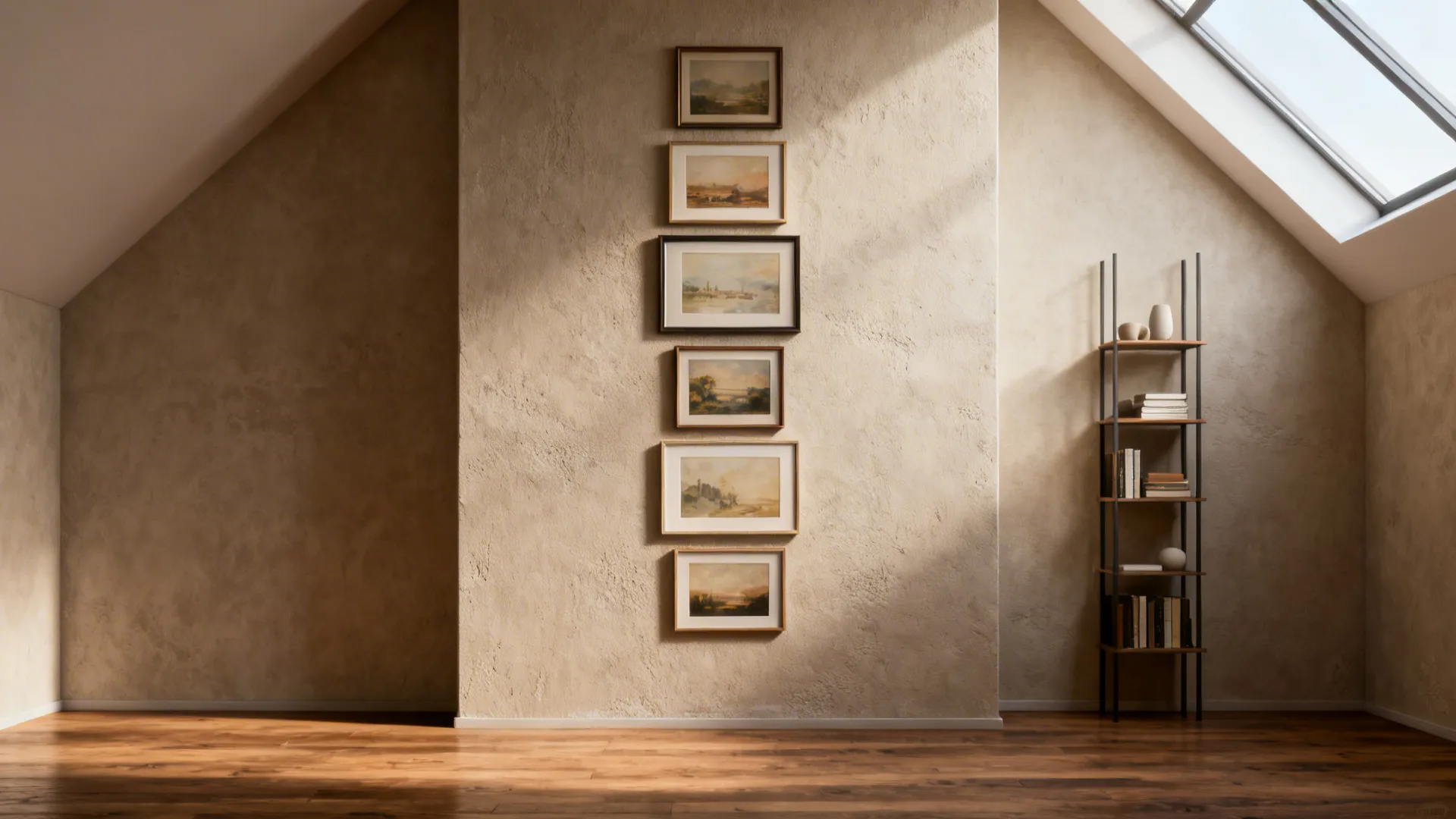 Tall gallery wall with vertical artwork groupings and slim shelving in a high-ceiling room.