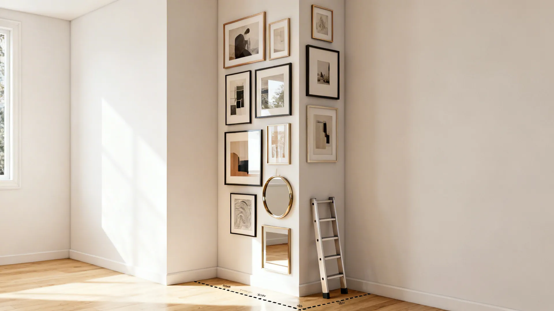 Corner with a vertical gallery wall of staggered frames and mirrors creating height.