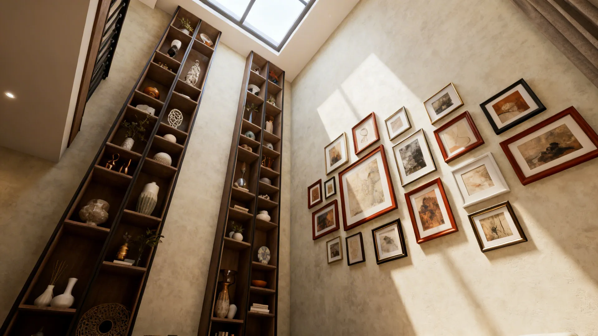 Vertical shelving and a curated gallery wall pulling the eye upward in a compact living room.