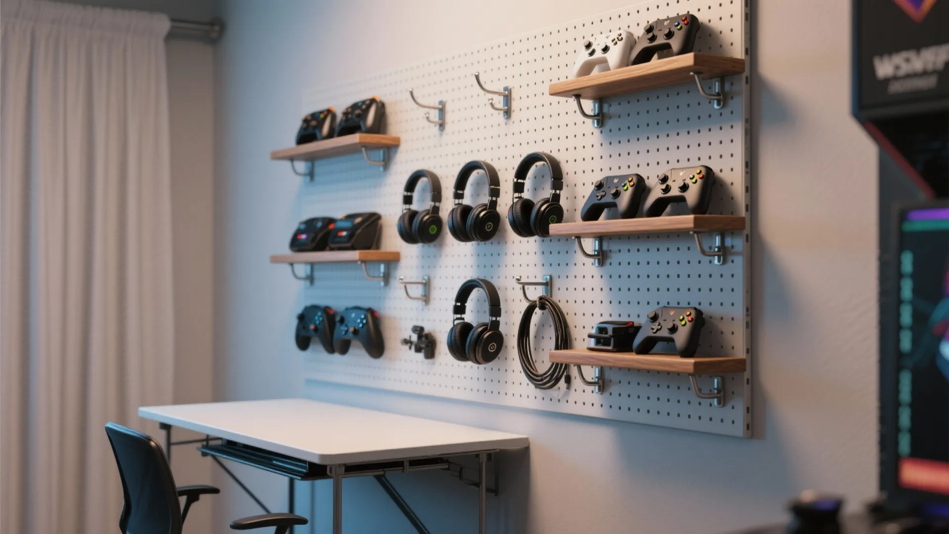 White pegboard wall organizer with game controllers, headphones, small wooden shelves, above desk and chair