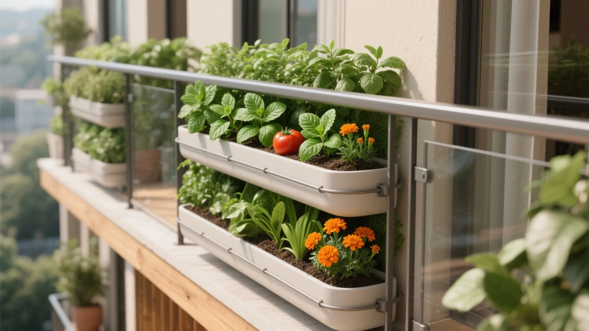 Vertical balcony garden with green plants orange flowers and a red tomato in white hanging pots