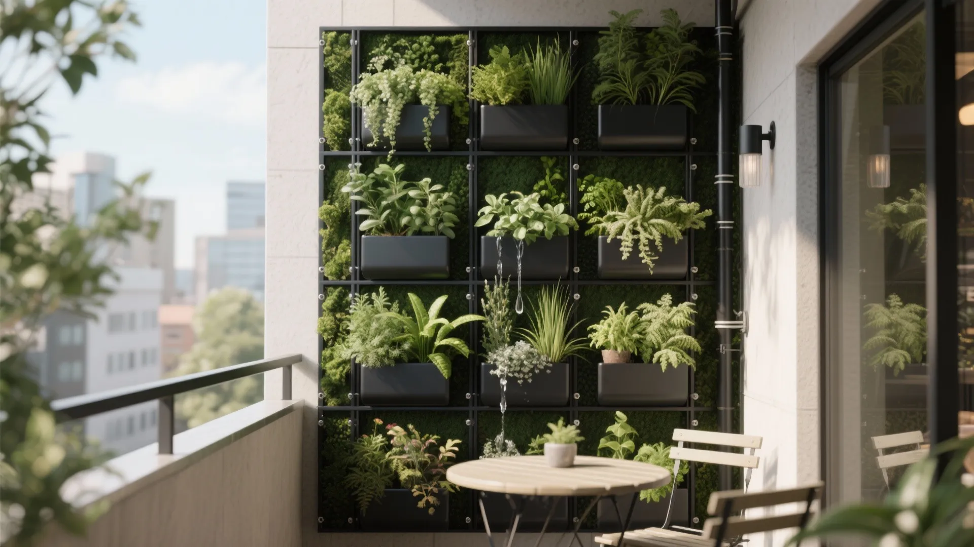 Modern apartment balcony with a vertical garden wall, wooden table, chairs, and urban city view