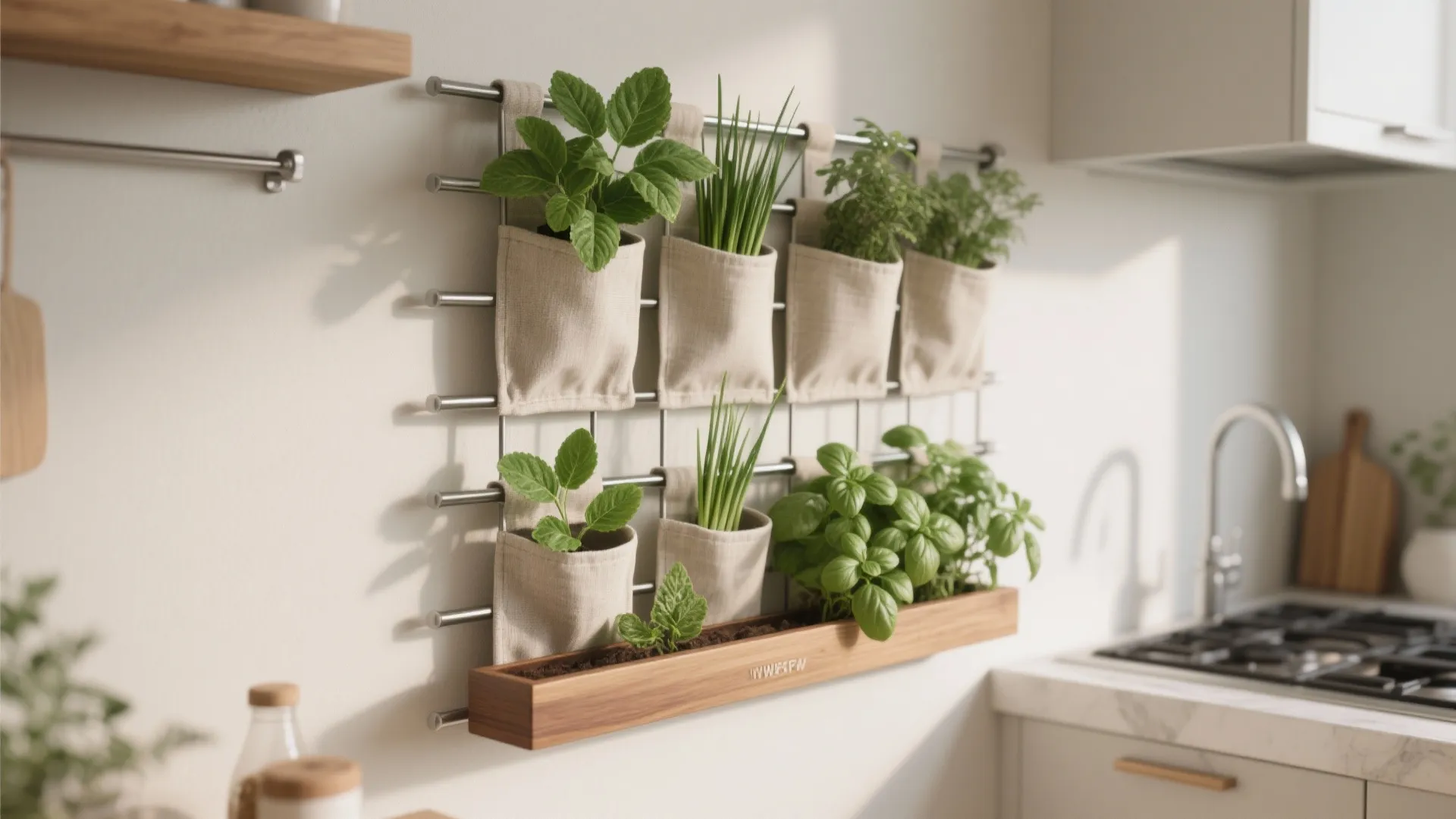 Indoor wall herb garden with fresh green plants in fabric bags on a metal rack