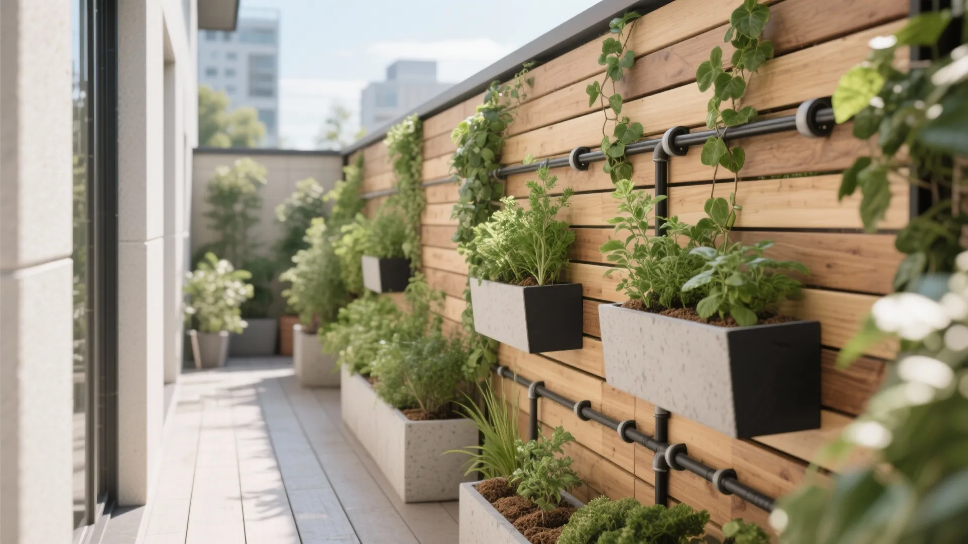 Vertical garden with rail planters (and micro‑irrigation)
