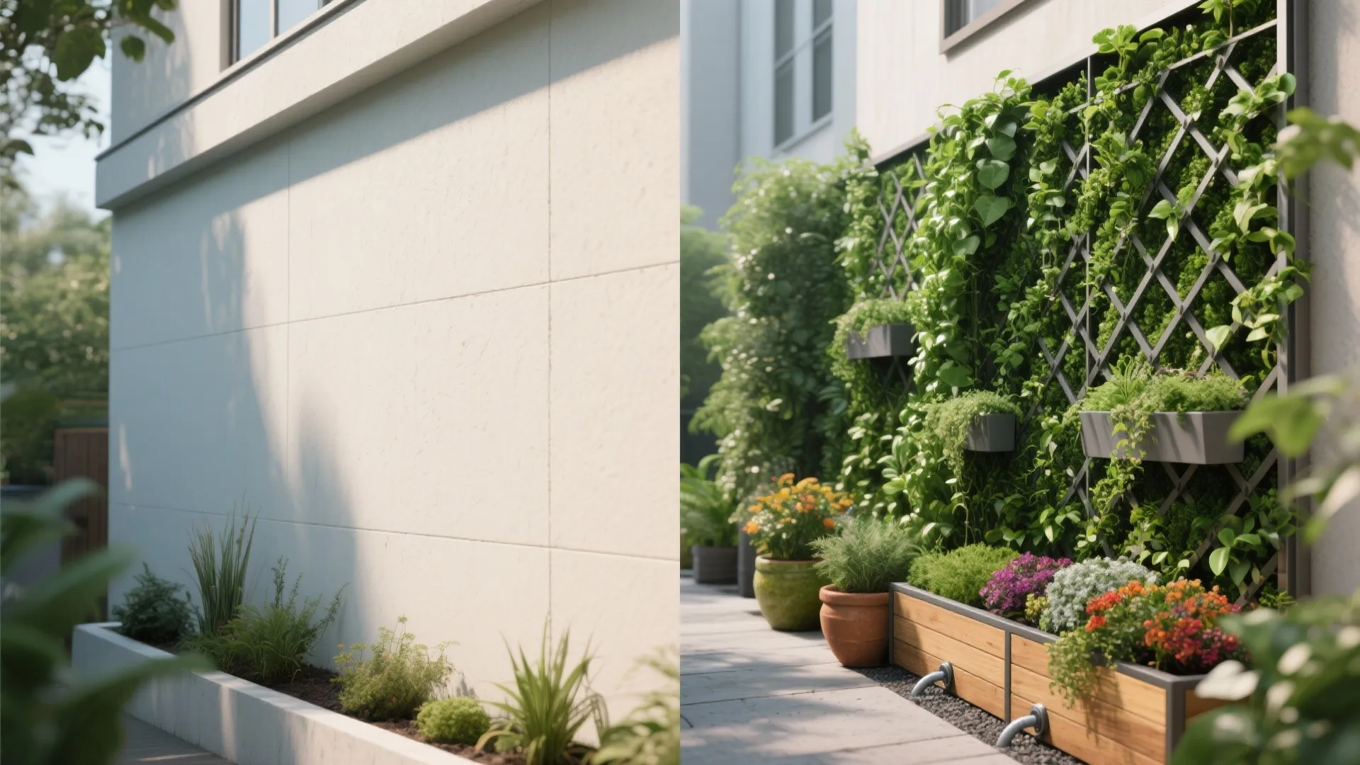 Side-by-side comparison of a plain white outdoor wall versus a vertical garden with climbing plants