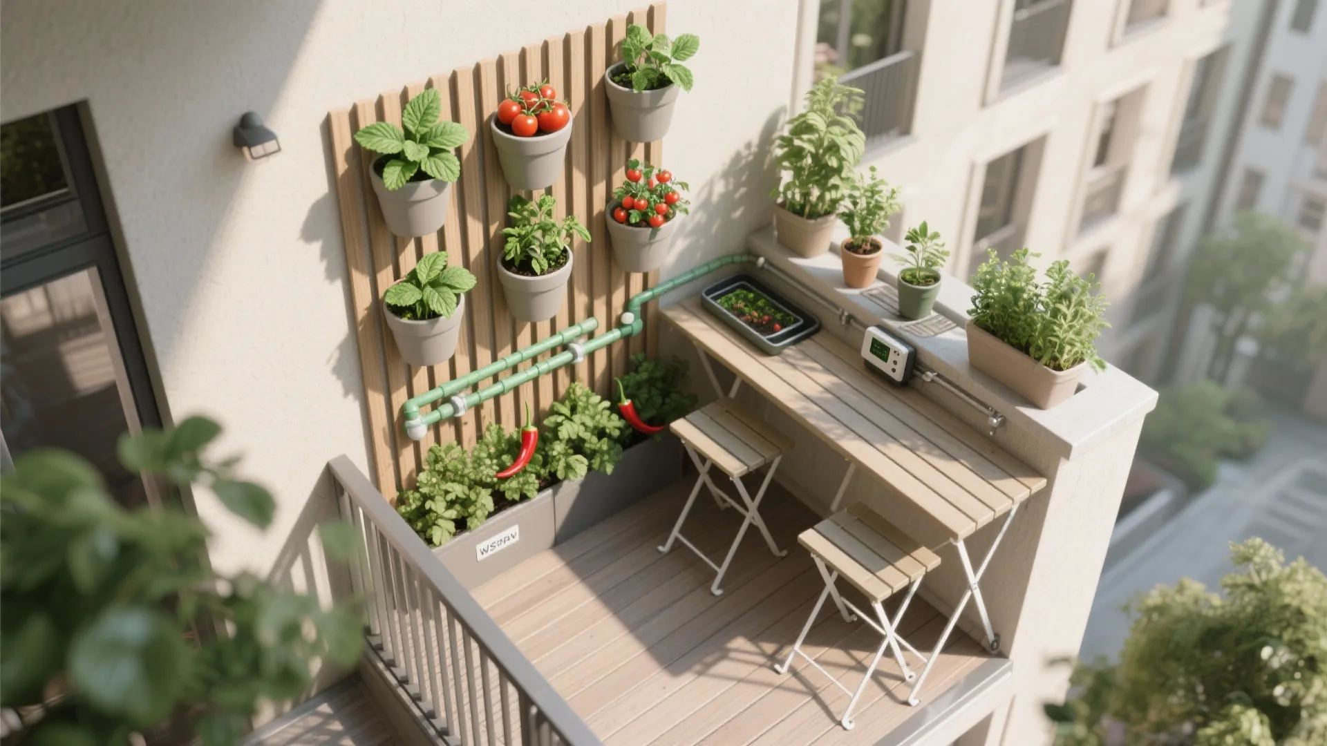 Vertical garden with smart irrigation and micro dining