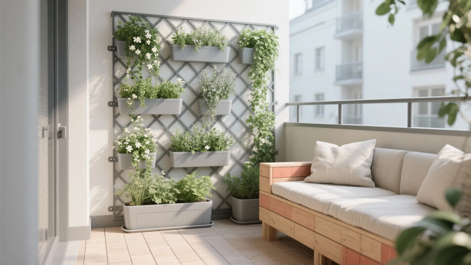 Close up of vertical garden on balcony wall with white flowers wooden sofa and grey railing