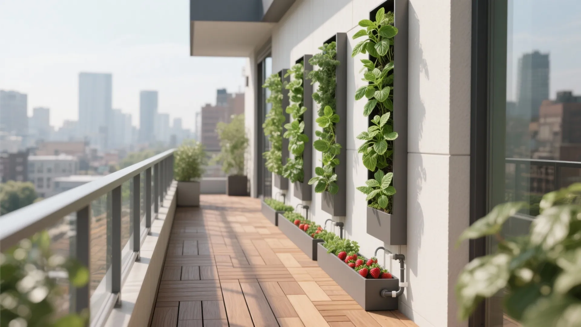 Modern balcony garden with vertical plant wall green herbs red strawberries and light brown wooden flooring