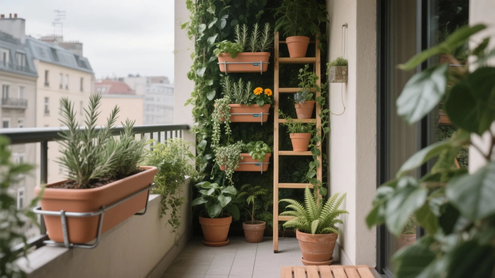 Vertical greenery and a container garden that thrives
