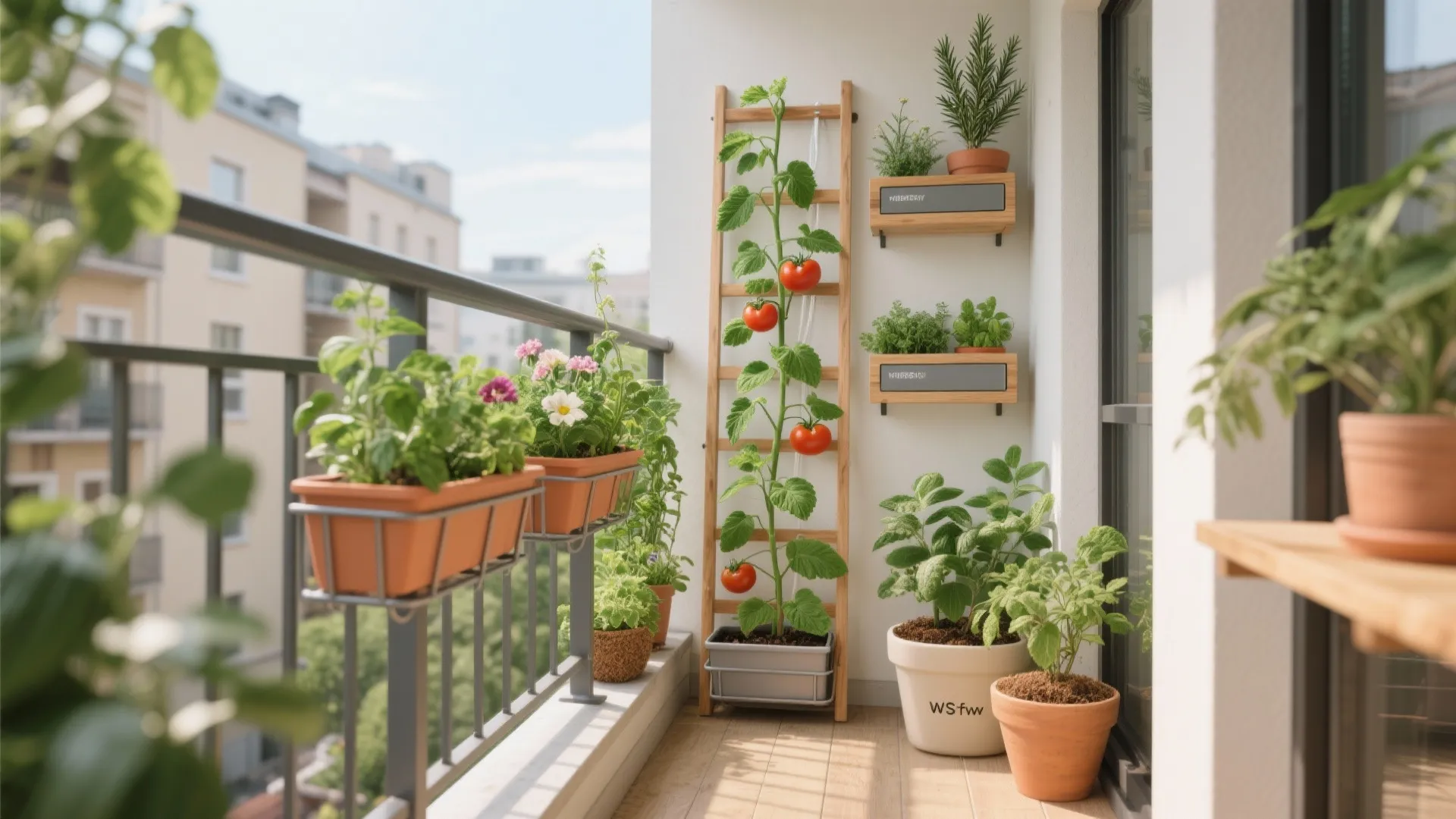 Small apartment balcony garden with tomato plants on a ladder, wall-mounted planters, and potted herbs