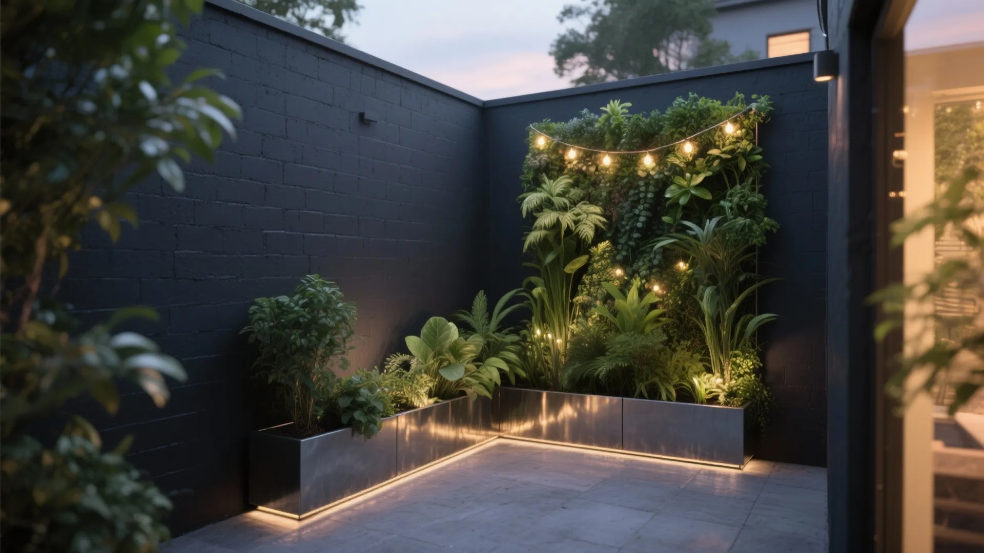 Modern outdoor garden with dark grey brick wall vertical green plants and warm string lights